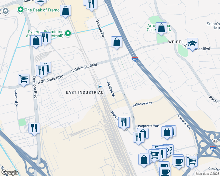 map of restaurants, bars, coffee shops, grocery stores, and more near in Fremont