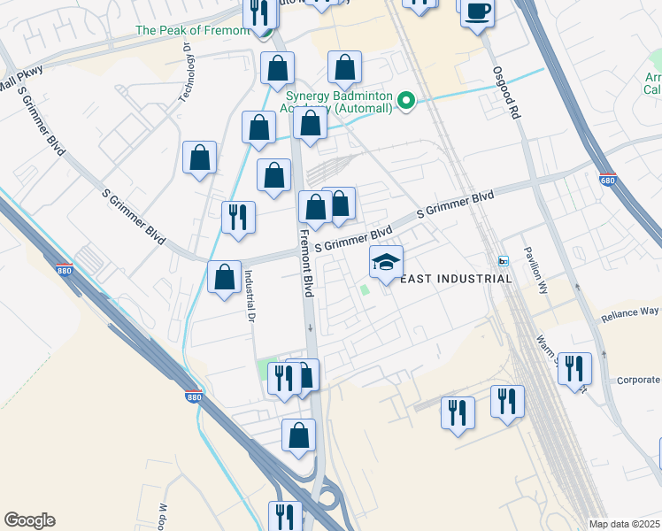 map of restaurants, bars, coffee shops, grocery stores, and more near 44969 Insight Street in Fremont