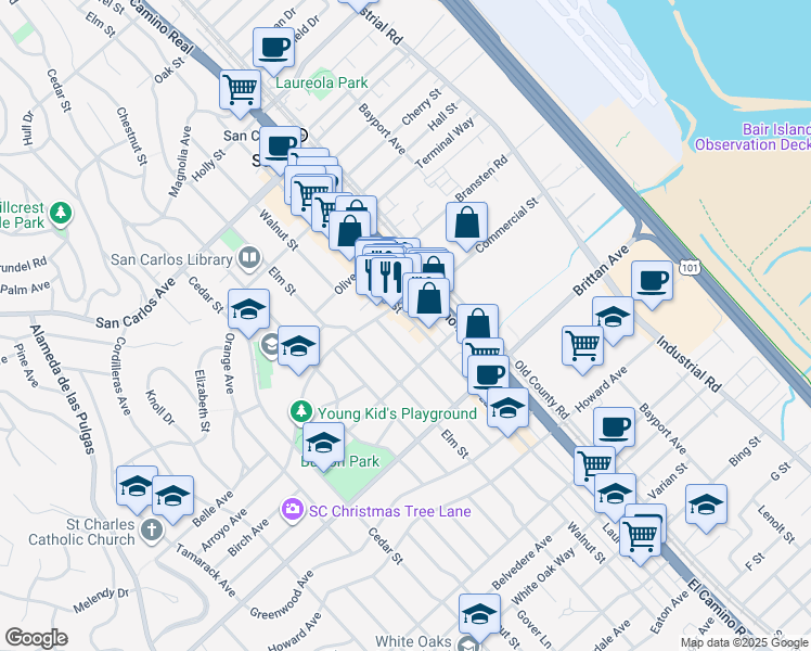 map of restaurants, bars, coffee shops, grocery stores, and more near 935 Walnut Street in San Carlos
