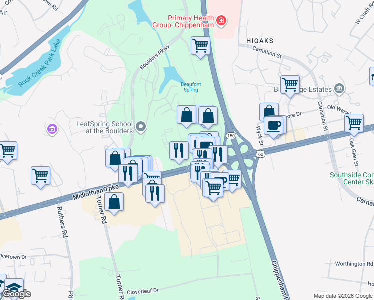map of restaurants, bars, coffee shops, grocery stores, and more near 7106 Midlothian Turnpike in Richmond