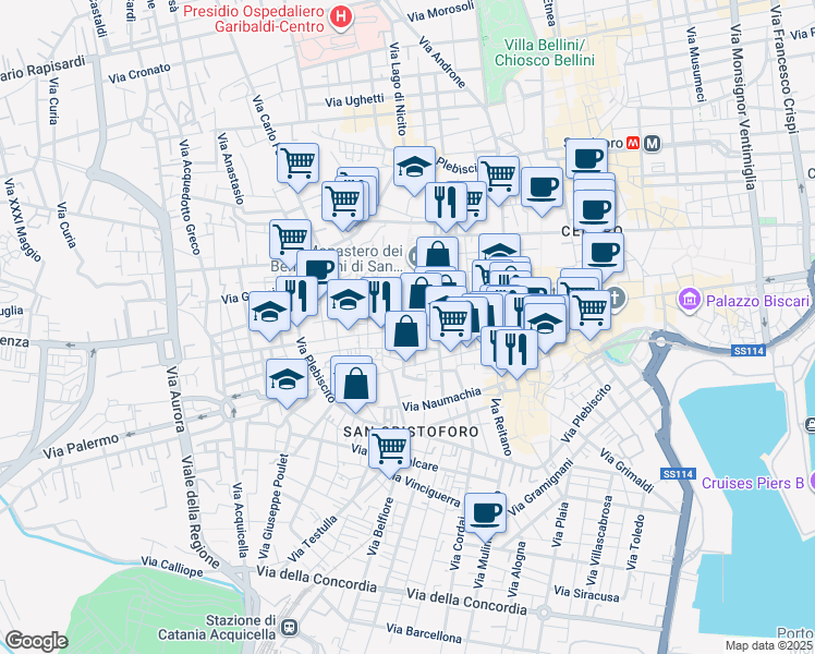map of restaurants, bars, coffee shops, grocery stores, and more near 26-30 Via della Palma in Catania