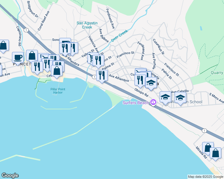 map of restaurants, bars, coffee shops, grocery stores, and more near 4100 California 1 in Half Moon Bay