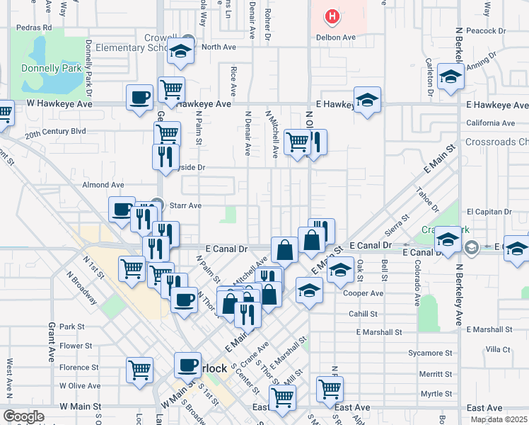 map of restaurants, bars, coffee shops, grocery stores, and more near 838 North Denair Avenue in Turlock