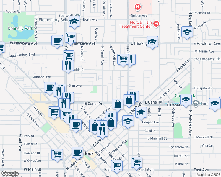map of restaurants, bars, coffee shops, grocery stores, and more near 941 North Mitchell Avenue in Turlock