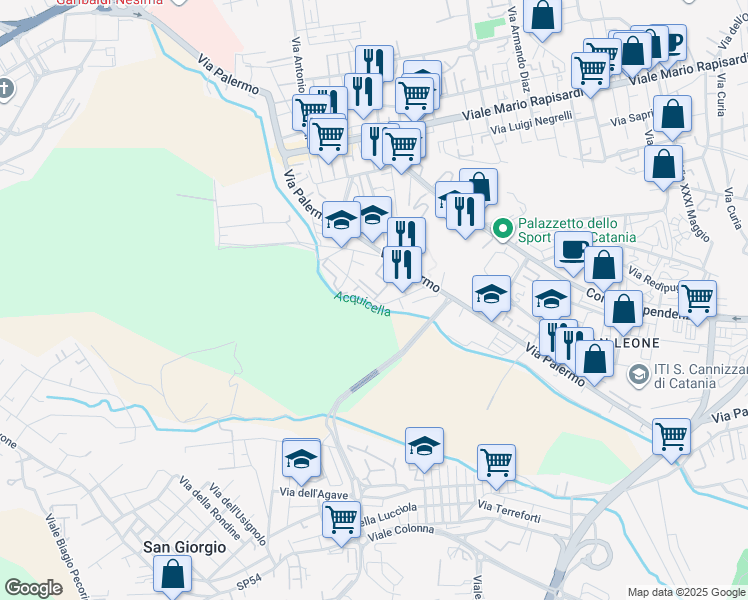 map of restaurants, bars, coffee shops, grocery stores, and more near 31 Via Giuseppe Tomasi di Lampedusa in Catania