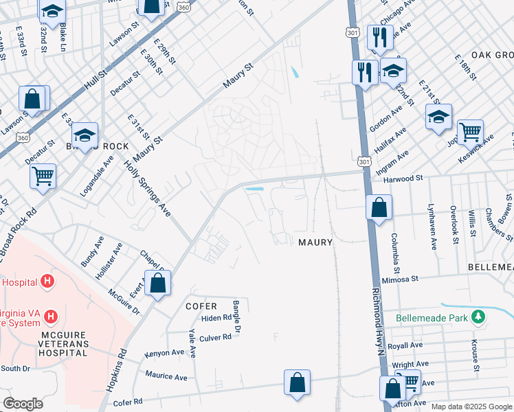 map of restaurants, bars, coffee shops, grocery stores, and more near 3100 North Hopkins Road in Richmond