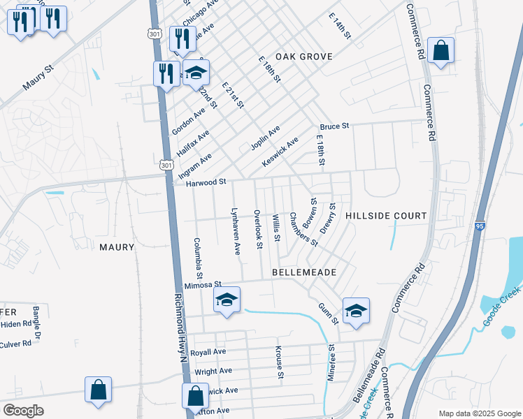map of restaurants, bars, coffee shops, grocery stores, and more near 1314 Overlook Street in Richmond