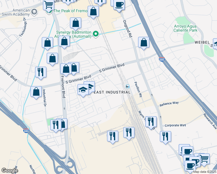 map of restaurants, bars, coffee shops, grocery stores, and more near 4325 Innovation Way in Fremont
