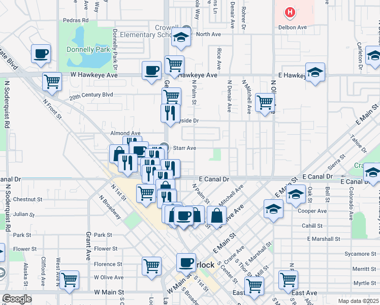 map of restaurants, bars, coffee shops, grocery stores, and more near 110 East Syracuse Avenue in Turlock