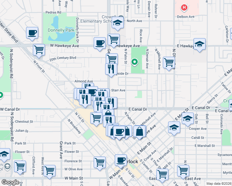 map of restaurants, bars, coffee shops, grocery stores, and more near 110 East Syracuse Avenue in Turlock