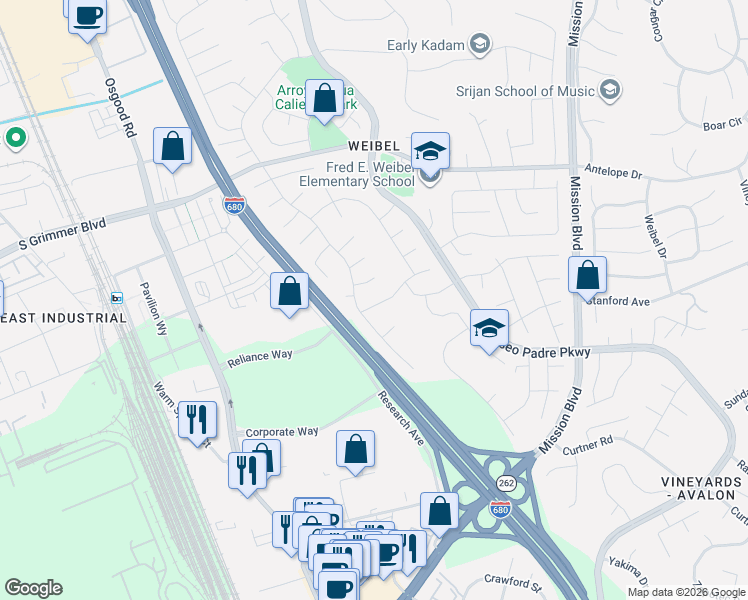 map of restaurants, bars, coffee shops, grocery stores, and more near 45487 Parkmeadow Drive in Fremont