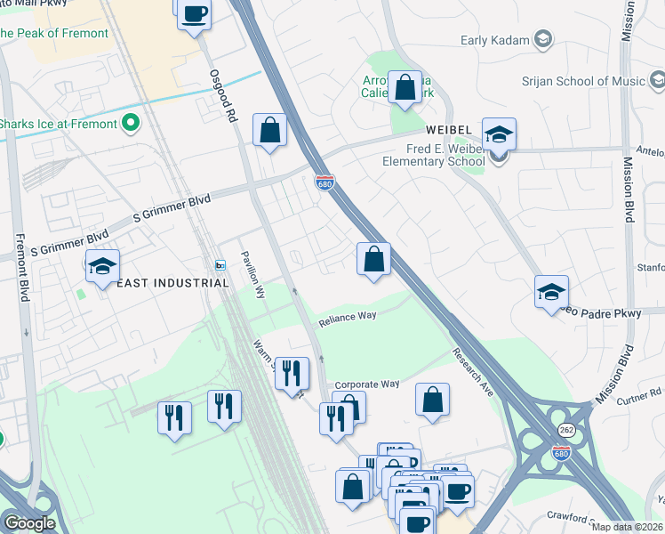 map of restaurants, bars, coffee shops, grocery stores, and more near 45401 Research Ave in Fremont