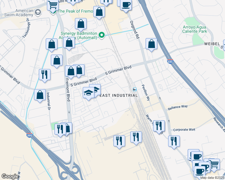 map of restaurants, bars, coffee shops, grocery stores, and more near 4325 Innovation Way in Fremont