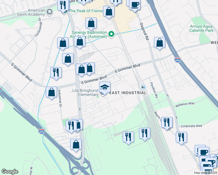 map of restaurants, bars, coffee shops, grocery stores, and more near 45300 Fremont Boulevard in Fremont