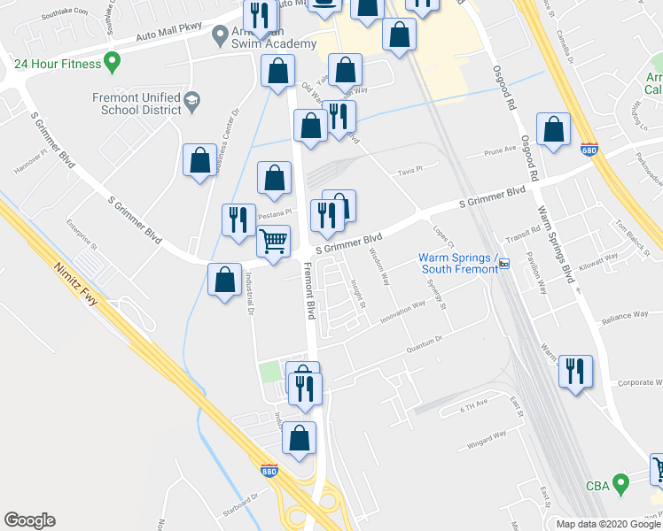 map of restaurants, bars, coffee shops, grocery stores, and more near 44969 Insight Street in Fremont