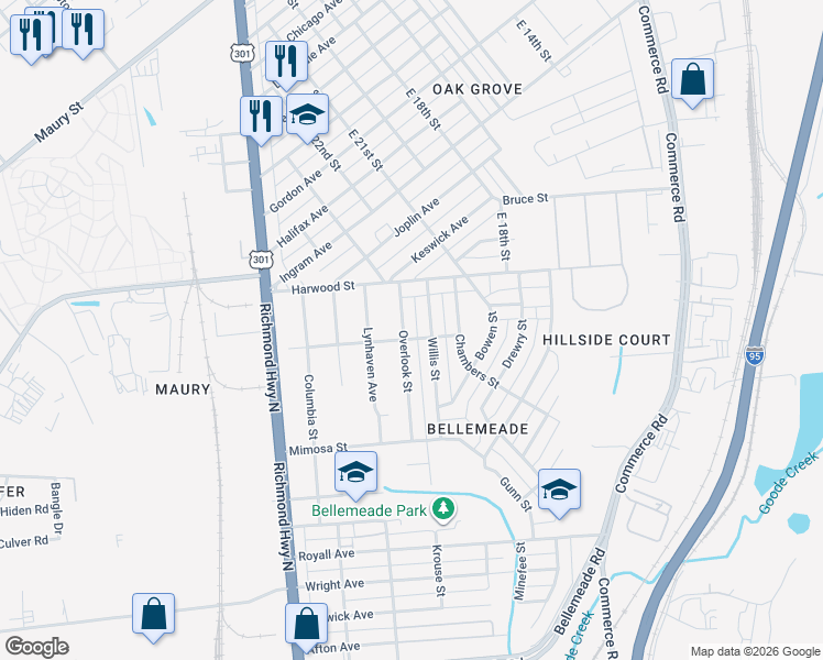 map of restaurants, bars, coffee shops, grocery stores, and more near 1405 Willis Street in Richmond