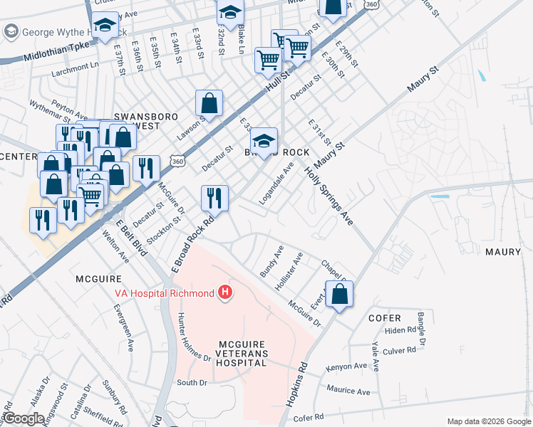 map of restaurants, bars, coffee shops, grocery stores, and more near 3528 Chapel Drive in Richmond