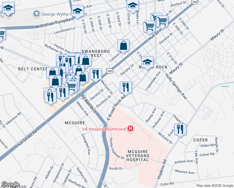 map of restaurants, bars, coffee shops, grocery stores, and more near 3800 East Broad Rock Road in Richmond