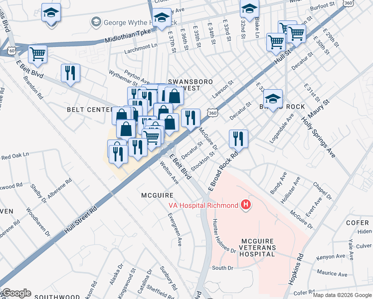 map of restaurants, bars, coffee shops, grocery stores, and more near 3927 Decatur Street in Richmond