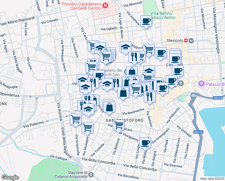 map of restaurants, bars, coffee shops, grocery stores, and more near 439 Via Vittorio Emanuele II in Catania