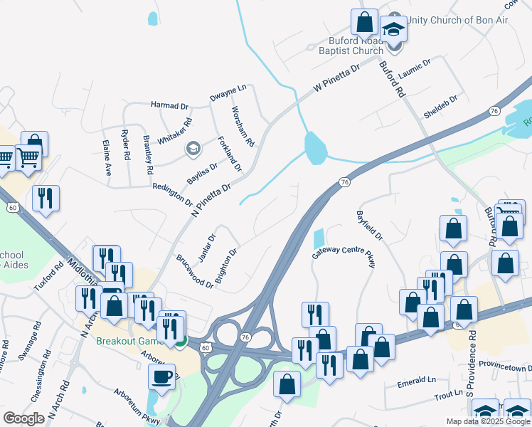 map of restaurants, bars, coffee shops, grocery stores, and more near 543 Pantela Drive in Richmond