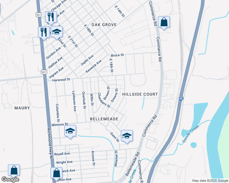 map of restaurants, bars, coffee shops, grocery stores, and more near 1409 Drewry Street in Richmond
