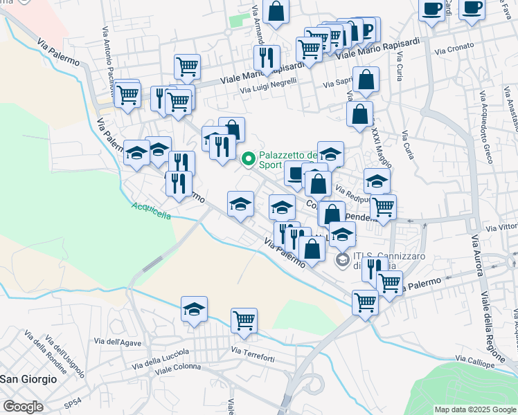 map of restaurants, bars, coffee shops, grocery stores, and more near 21 Via Carlo Pisacane in Catania
