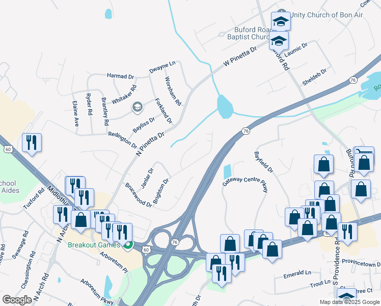 map of restaurants, bars, coffee shops, grocery stores, and more near 543 Pantela Drive in Richmond