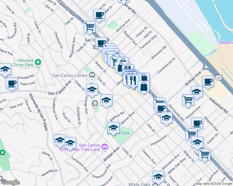map of restaurants, bars, coffee shops, grocery stores, and more near 849 Elm Street in San Carlos