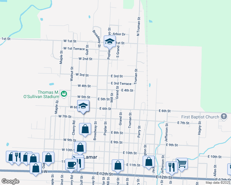 map of restaurants, bars, coffee shops, grocery stores, and more near 400-498 Mill Street in Lamar