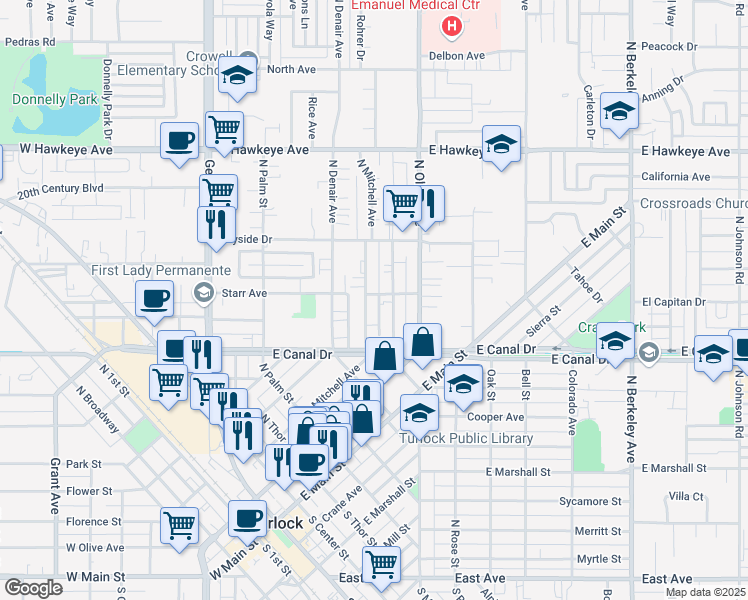 map of restaurants, bars, coffee shops, grocery stores, and more near 606 Starr Avenue in Turlock