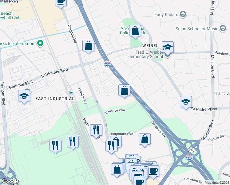 map of restaurants, bars, coffee shops, grocery stores, and more near 45346 Lumen Terrace in Fremont