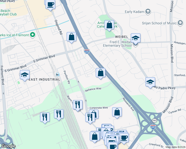 map of restaurants, bars, coffee shops, grocery stores, and more near 45346 Lumen Terrace in Fremont