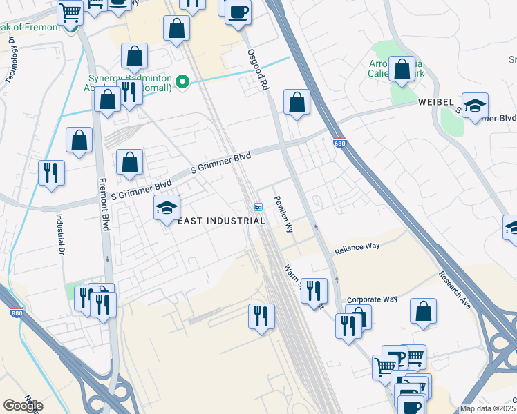 map of restaurants, bars, coffee shops, grocery stores, and more near 45193 Warm Springs Boulevard in Fremont