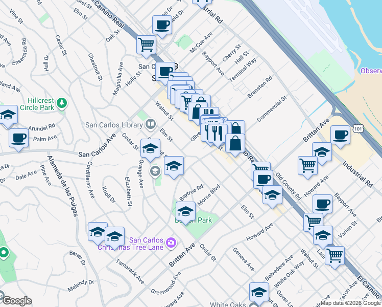 map of restaurants, bars, coffee shops, grocery stores, and more near 849 Elm Street in San Carlos