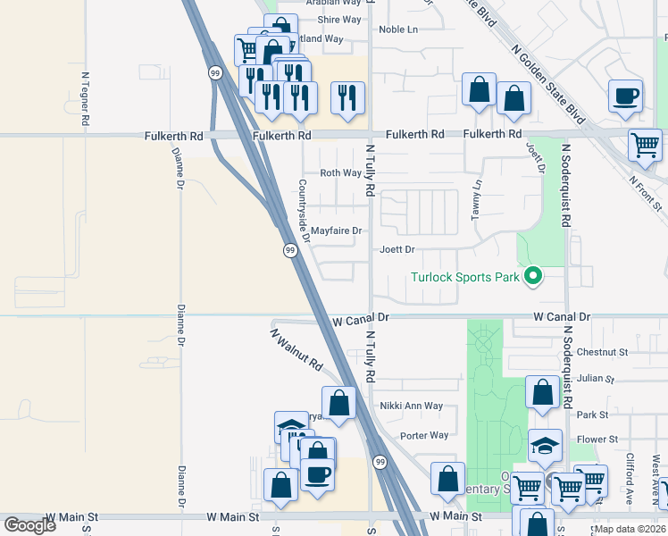 map of restaurants, bars, coffee shops, grocery stores, and more near 2230 Aspenwood Drive in Turlock