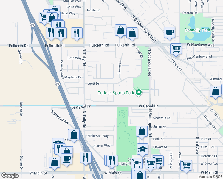 map of restaurants, bars, coffee shops, grocery stores, and more near 900 Ashton Court in Turlock