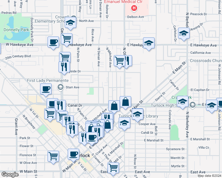 map of restaurants, bars, coffee shops, grocery stores, and more near 901 Kenwood Avenue in Turlock