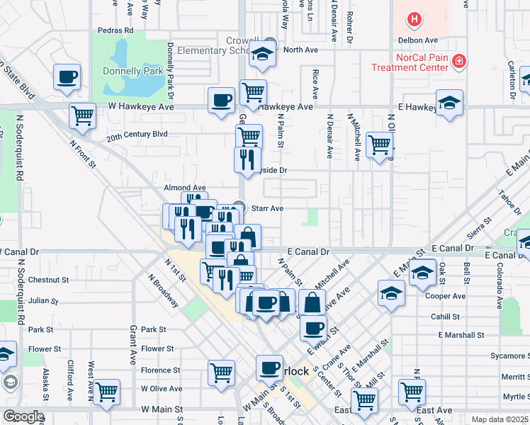 map of restaurants, bars, coffee shops, grocery stores, and more near 110 East Syracuse Avenue in Turlock