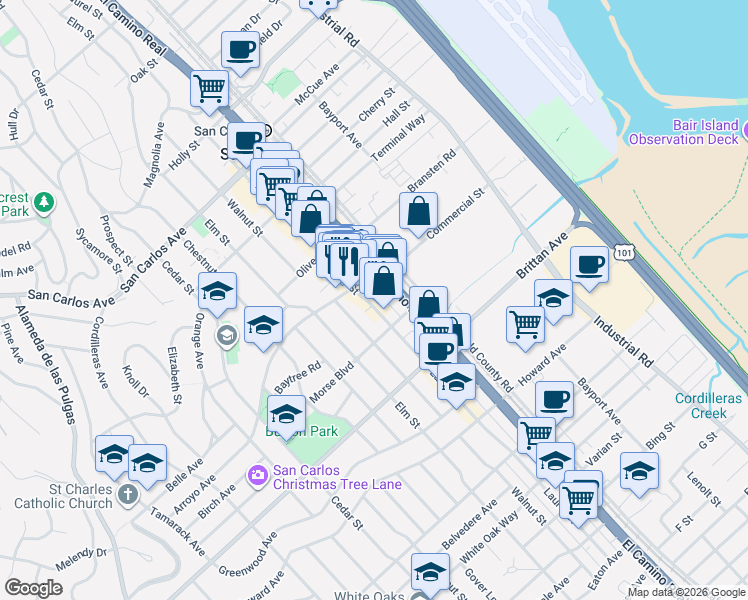 map of restaurants, bars, coffee shops, grocery stores, and more near 935 Walnut Street in San Carlos