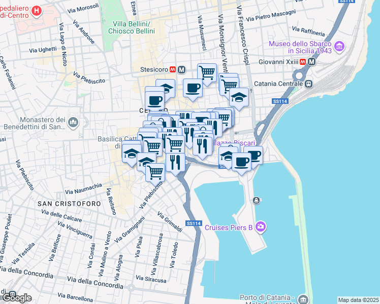 map of restaurants, bars, coffee shops, grocery stores, and more near 1 Via Cardinale Dusmet in Catania