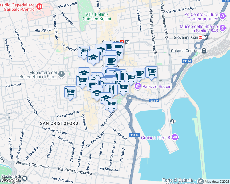map of restaurants, bars, coffee shops, grocery stores, and more near 7 Piazza del Duomo in Catania