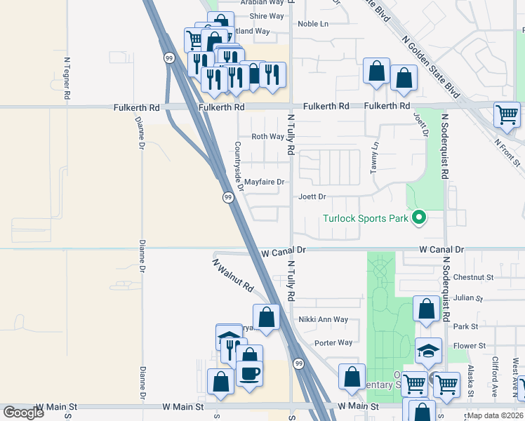 map of restaurants, bars, coffee shops, grocery stores, and more near 2230 Aspenwood Drive in Turlock