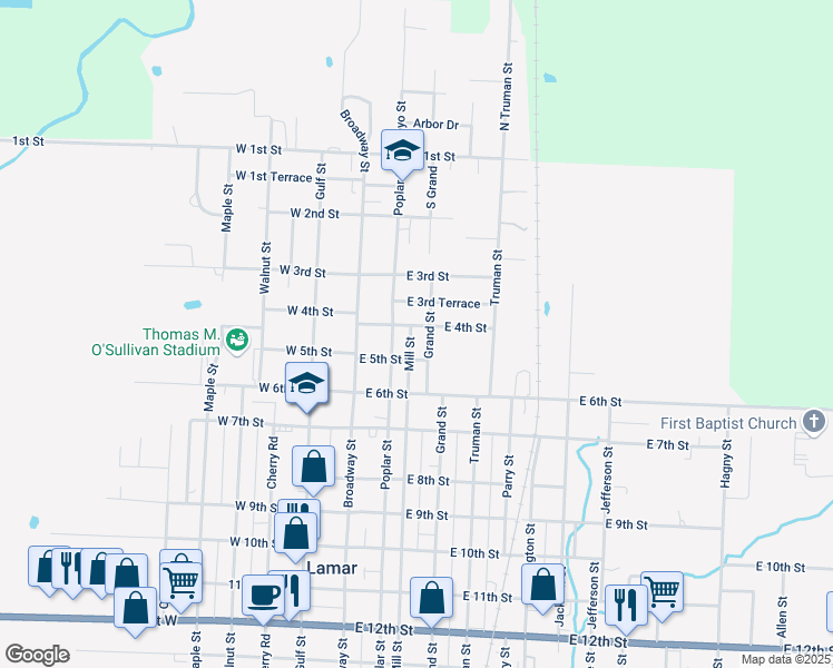 map of restaurants, bars, coffee shops, grocery stores, and more near 400 Mill Street in Lamar