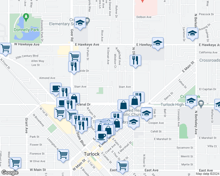 map of restaurants, bars, coffee shops, grocery stores, and more near 932 North Denair Avenue in Turlock