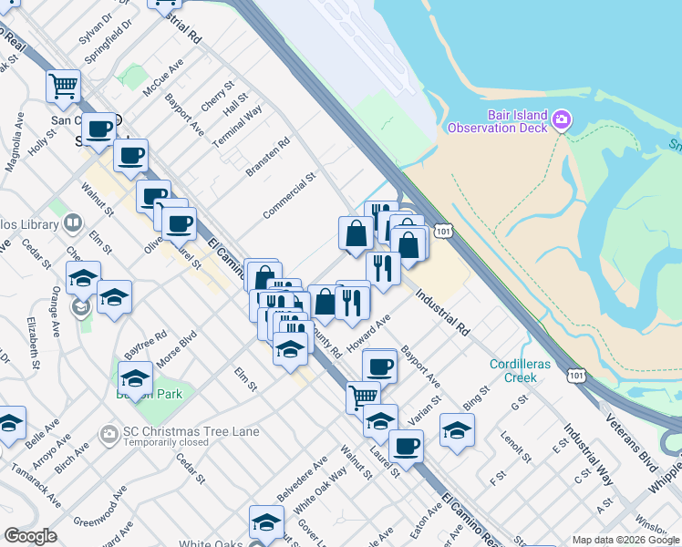 map of restaurants, bars, coffee shops, grocery stores, and more near 1100 Industrial Road in San Carlos
