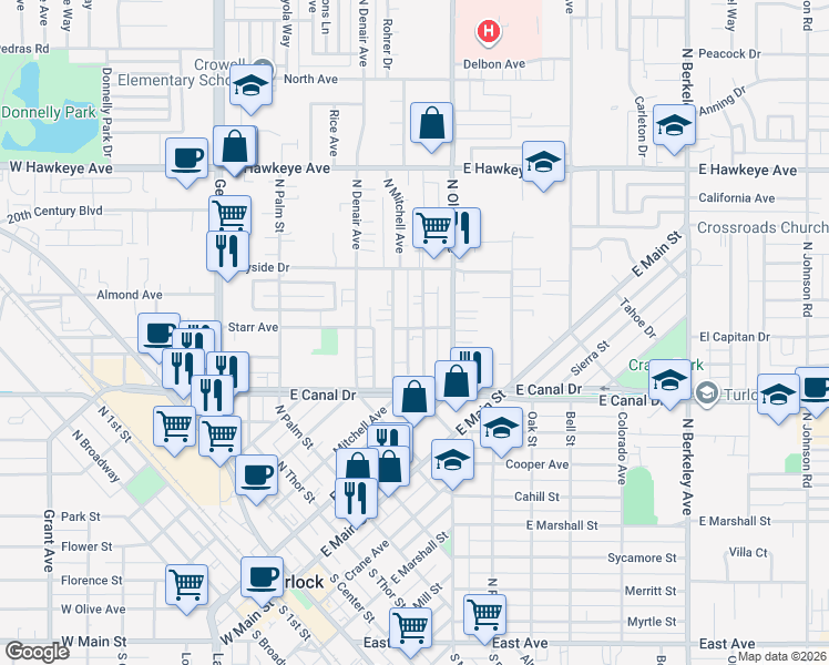 map of restaurants, bars, coffee shops, grocery stores, and more near 983 Kenwood Avenue in Turlock