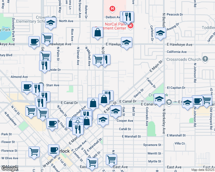 map of restaurants, bars, coffee shops, grocery stores, and more near 1080 North Olive Avenue in Turlock