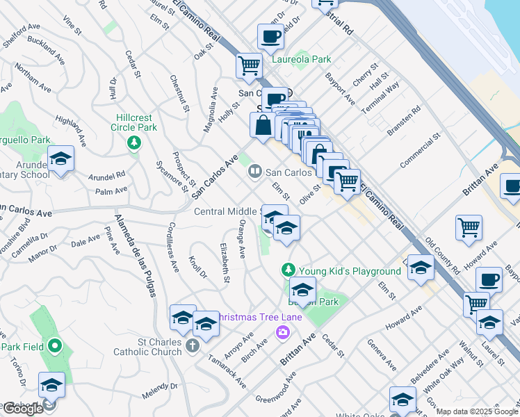 map of restaurants, bars, coffee shops, grocery stores, and more near 701 Chestnut Street in San Carlos
