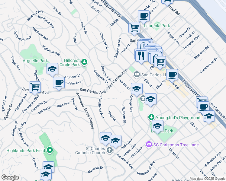 map of restaurants, bars, coffee shops, grocery stores, and more near in San Carlos
